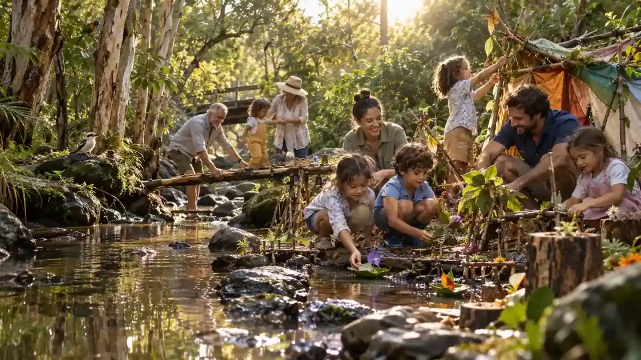 Families collaborate on an imaginative creek village of leaf boats and natural materials near Brisbane.