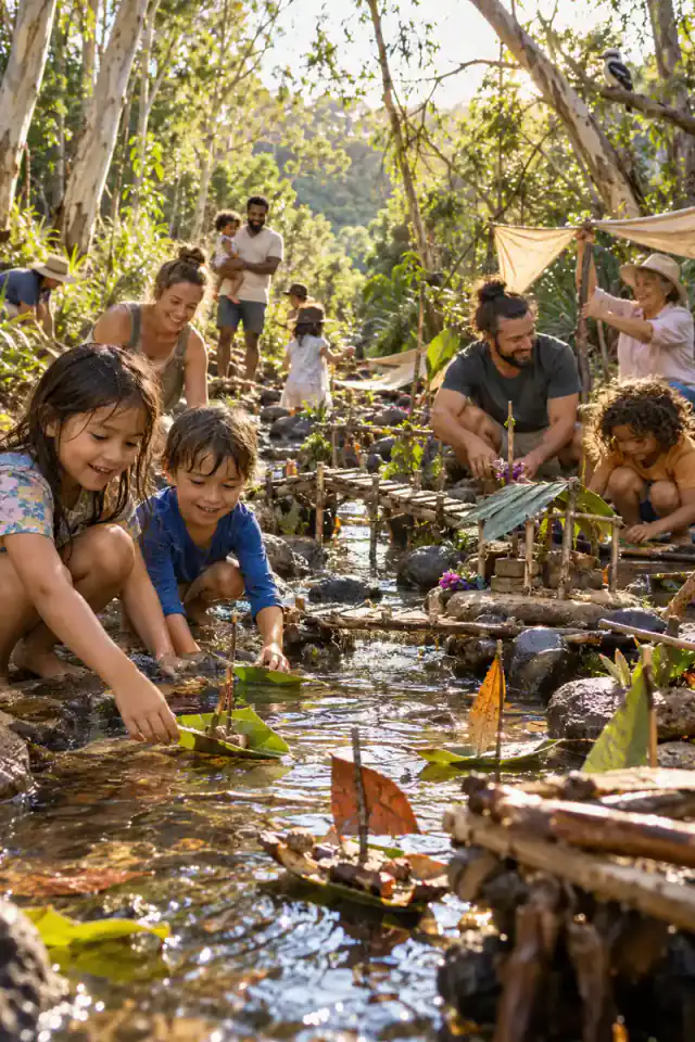Children and families build a make-believe leaf-boat village beside a sunlit Brisbane creek.