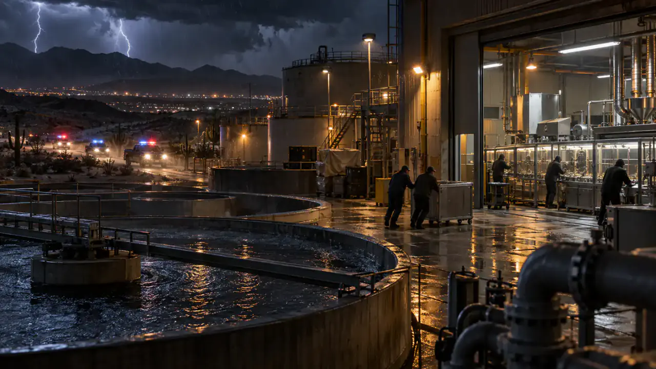 Emergency crews trace a concealed glass line through a desert municipal water-reclamation plant.
