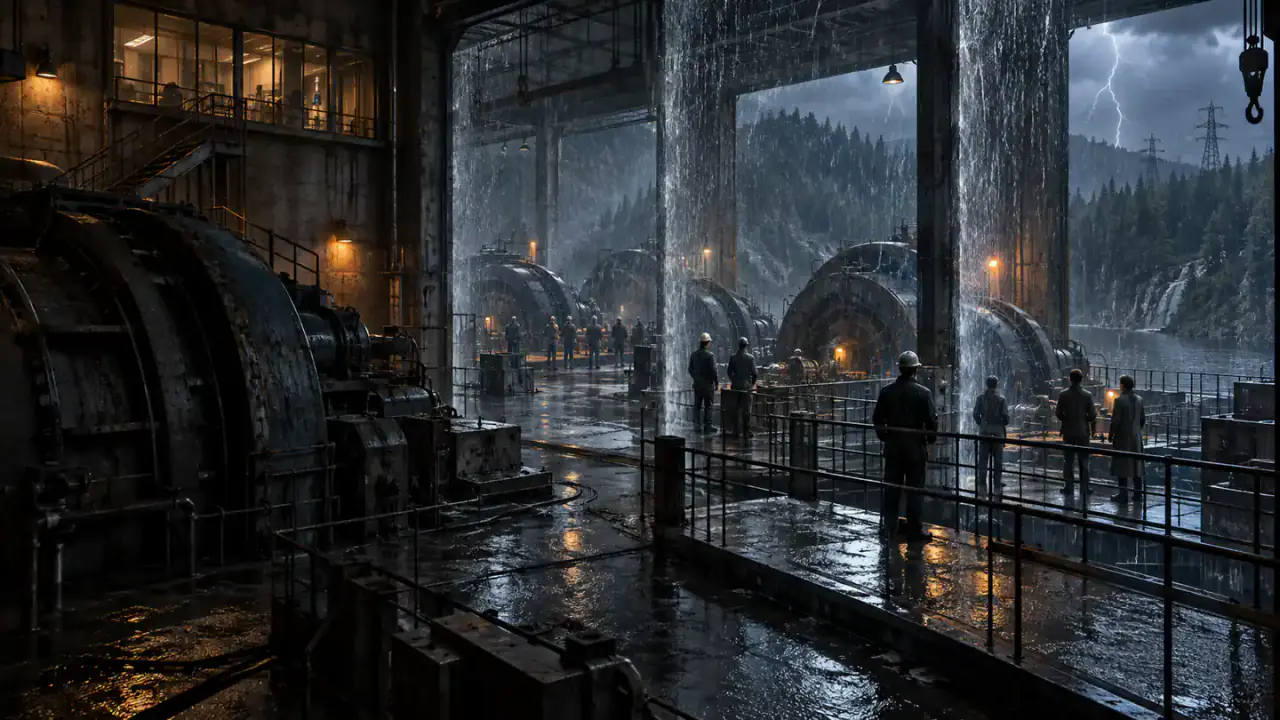 Families encounter overlapping weather and temporal states inside an invented hydroelectric complex.