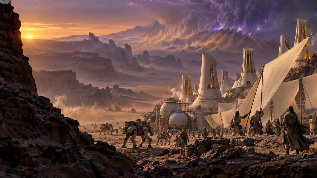 A desert refuge of wind towers and solar sails watches original cargo walkers approach through an electrical storm.