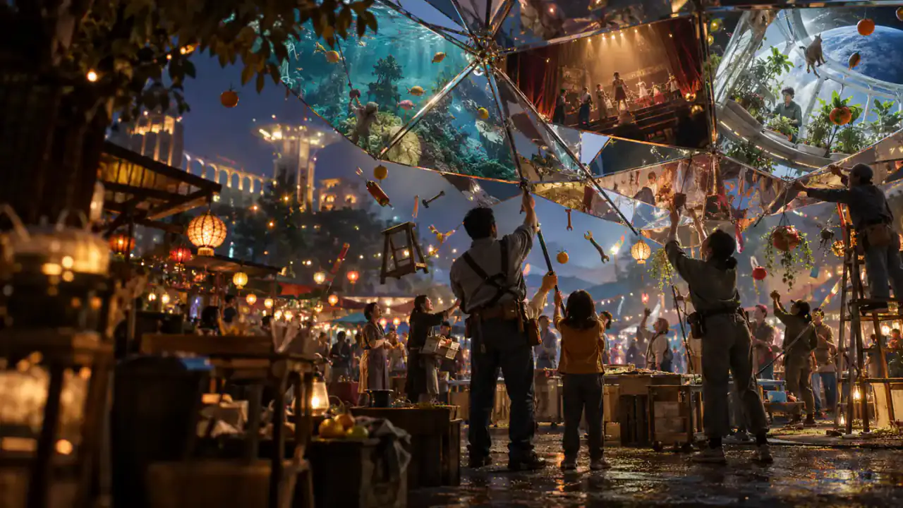 A family raises a mirrored kinetic canopy at a night-market repair fair while alternate environments shimmer inside it.