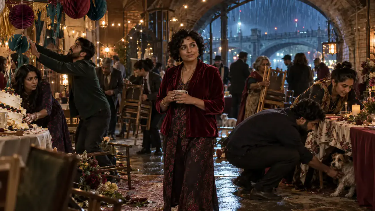 Volunteers rescue decorations, a cake and a small dog around a fictional British South Asian organizer at a London fundraiser.