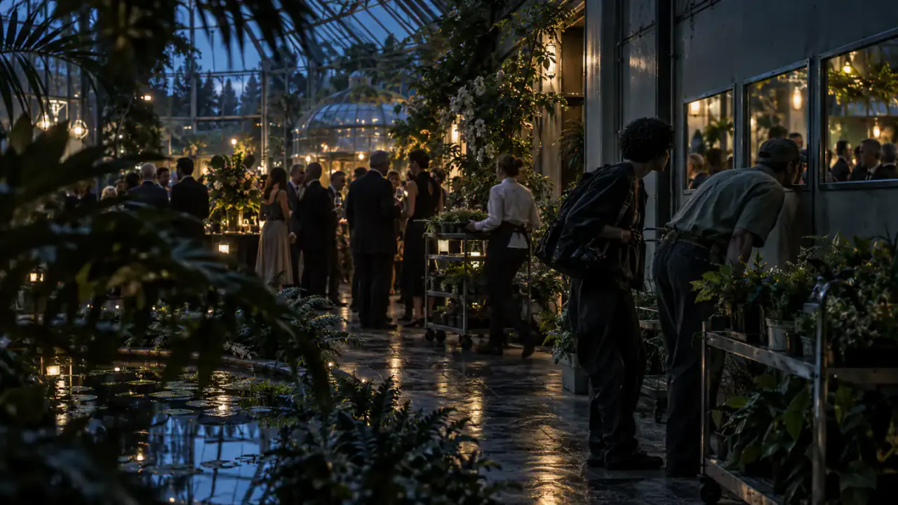 At a botanical residency reception, a photographer and grounds worker discover mirrored observation windows.