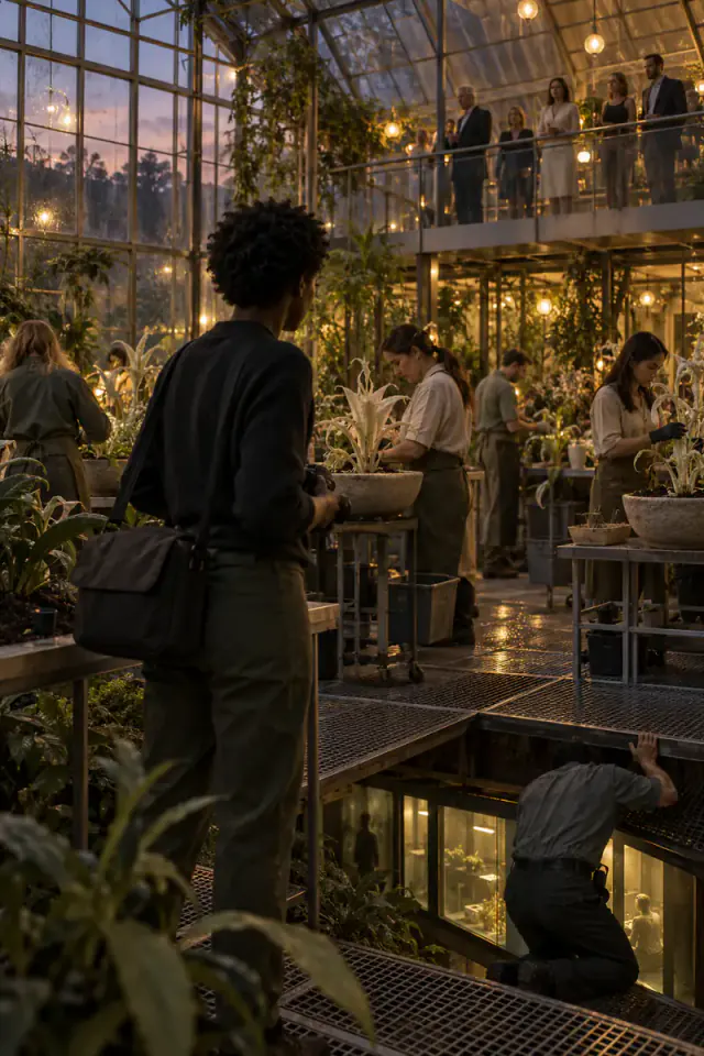 A Black photographer at an eerie botanical research retreat notices watching guests and a concealed corridor.