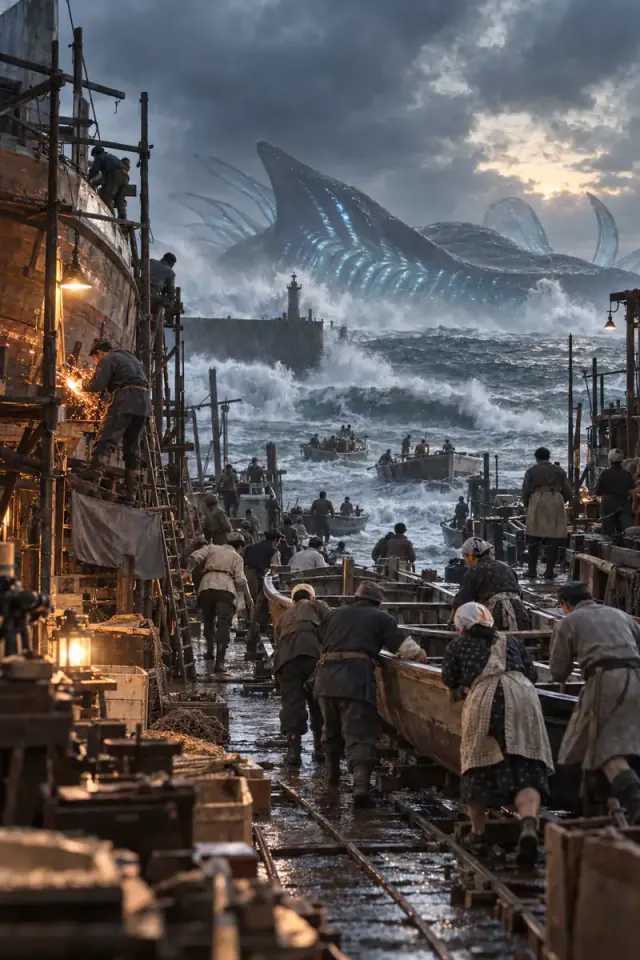 Workers rebuild a 1940s Japanese shipyard as an original luminous manta-like leviathan moves offshore.