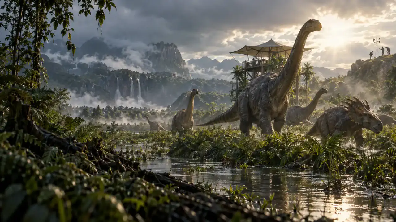 Herbivorous dinosaurs move through a storm-lit tropical floodplain beside a remote ecological observation canopy