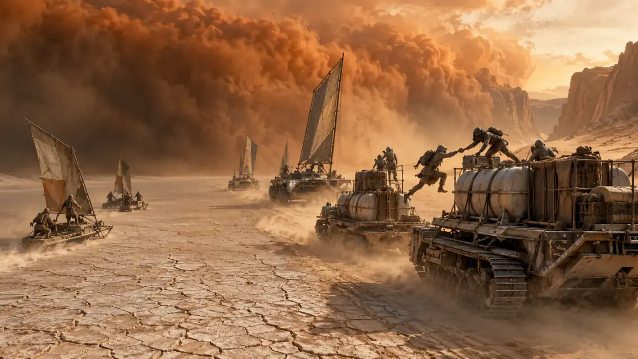 An original solar-and-sail convoy crosses a vast salt basin beneath an approaching electrical storm.