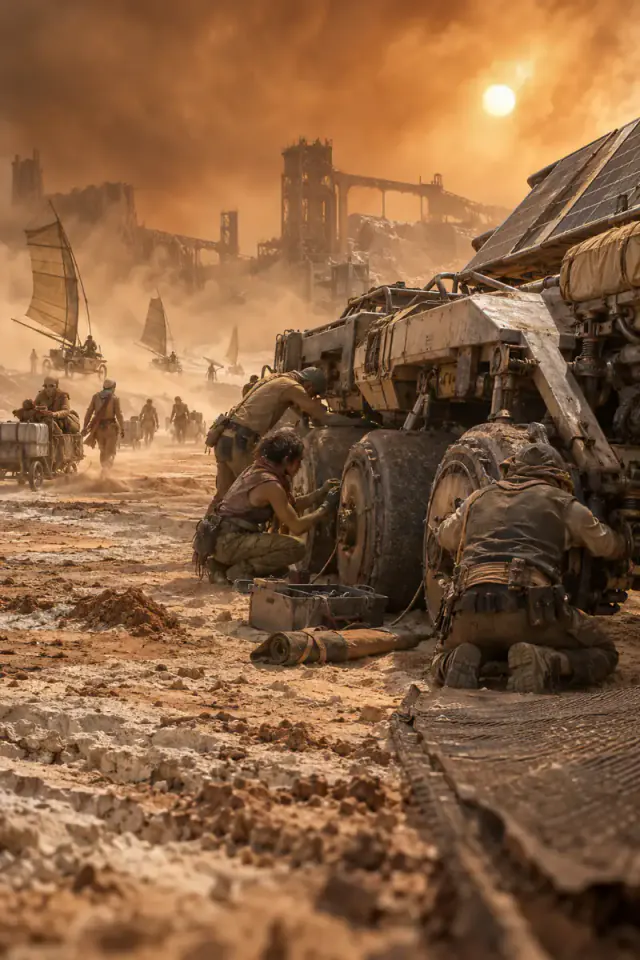 Desert engineers repair an original solar crawler as sail skiffs cross a wind-scoured basin.