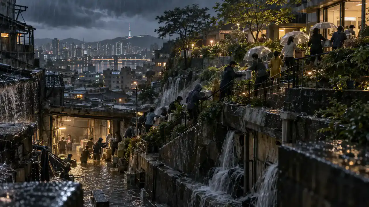 Hillside residents form a human chain to move belongings above rising floodwater in Seoul.