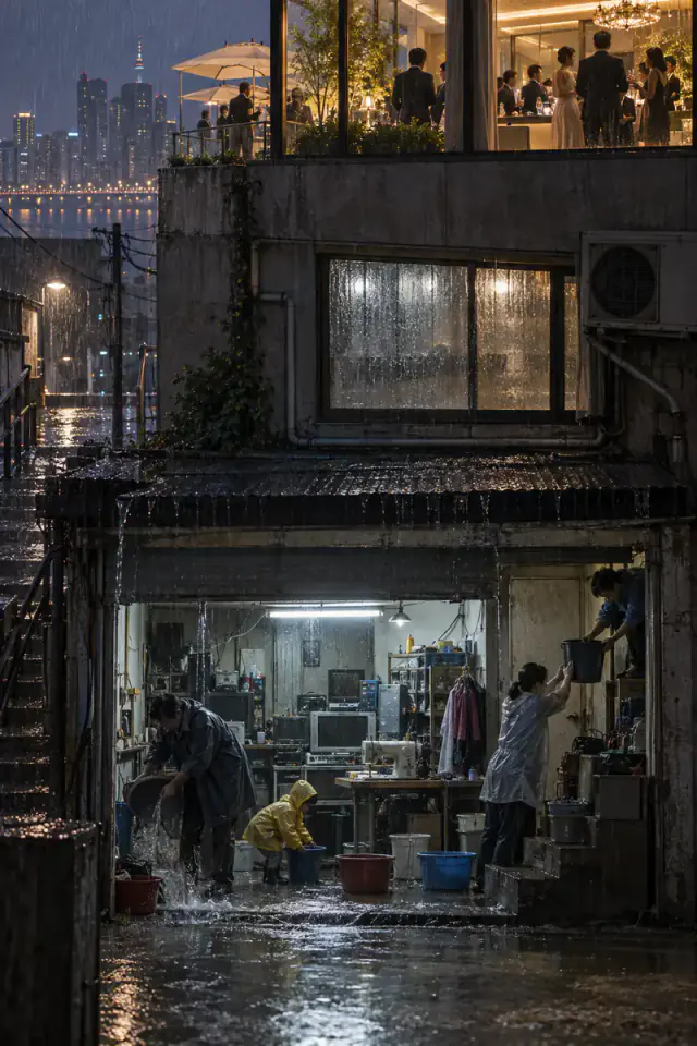 A rain-soaked Seoul hillside layers a basement repair workshop beneath an elegant rooftop gathering.