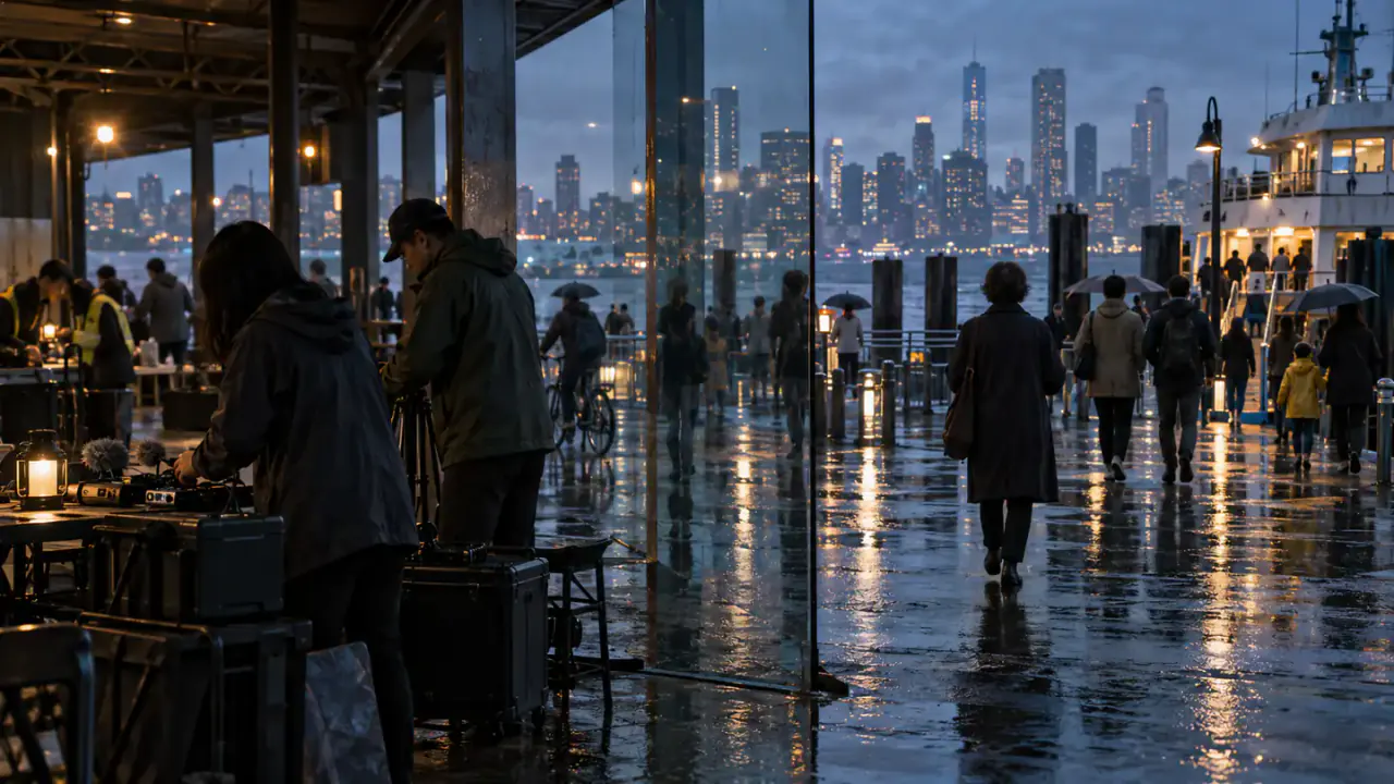 A rainy New York waterfront oral-history event continues as an old friend departs toward a ferry.