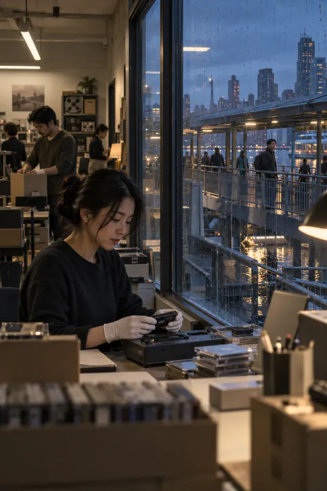 A Korean American archivist digitizes old tapes in New York while a distant friend waits beside a ferry ramp.