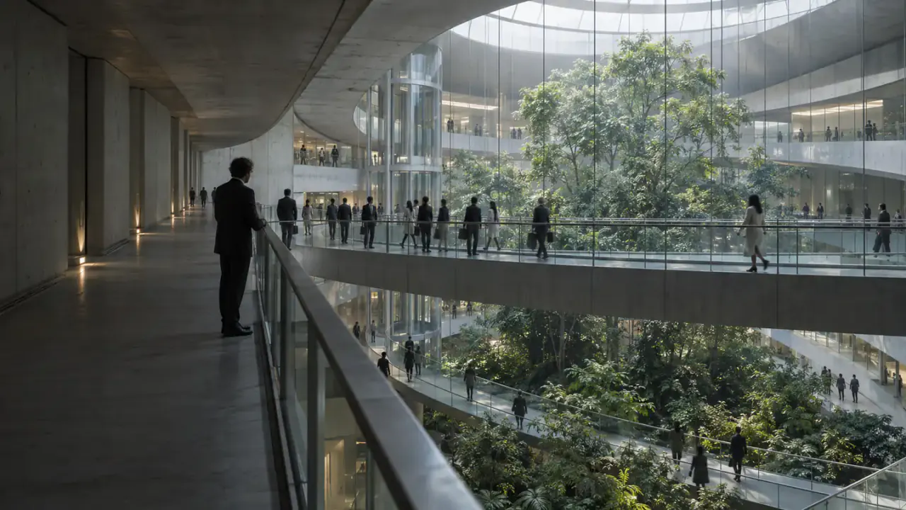 Office workers cross suspended walkways around a bright indoor forest in an immense subterranean concrete atrium