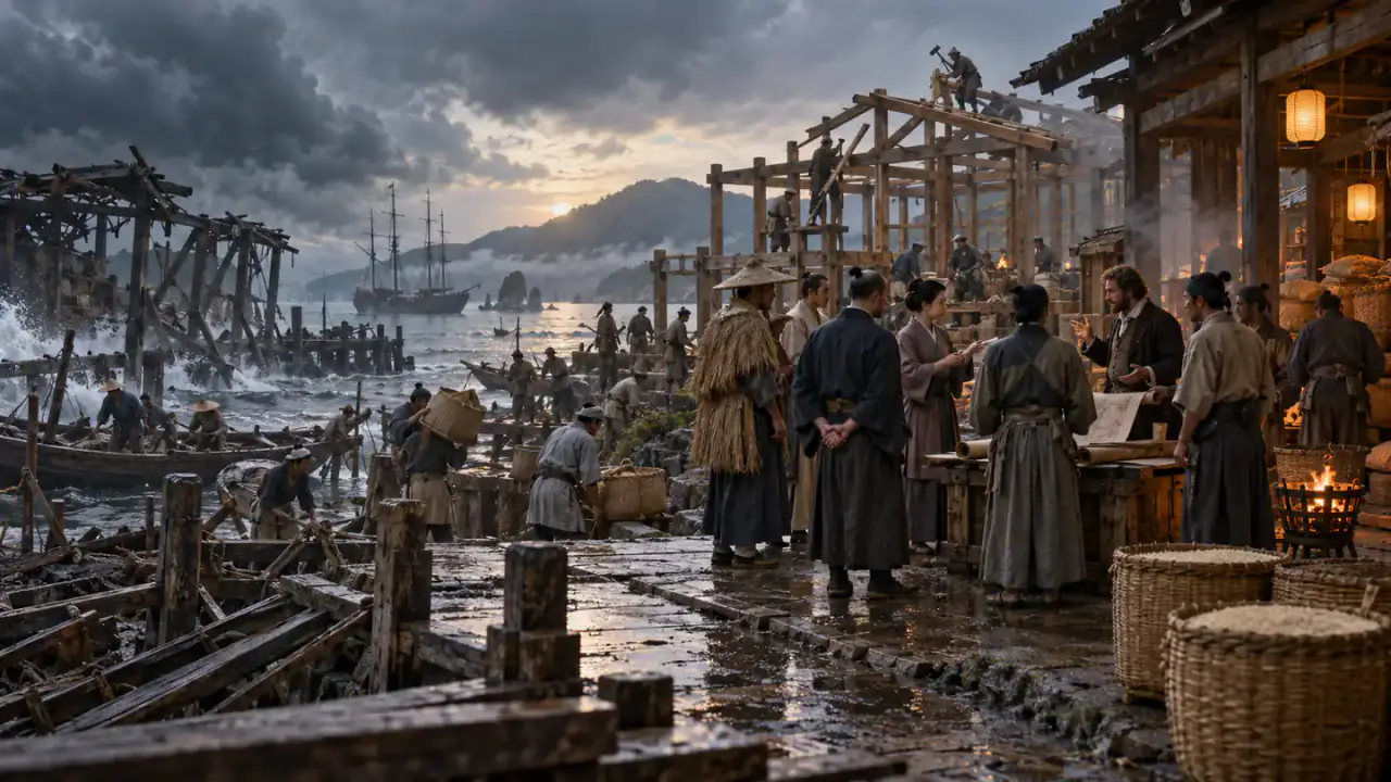 Local officials, craftspeople and foreign sailors negotiate while rebuilding a typhoon-damaged Japanese harbor granary.