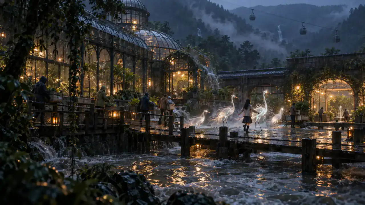 Residents cross bridges in a flooded hillside conservatory while a teenager guides luminous crane-like vapor creatures.