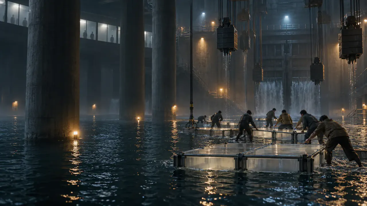 A diverse group coordinates through an original translucent-platform challenge in a vast flood-control chamber.