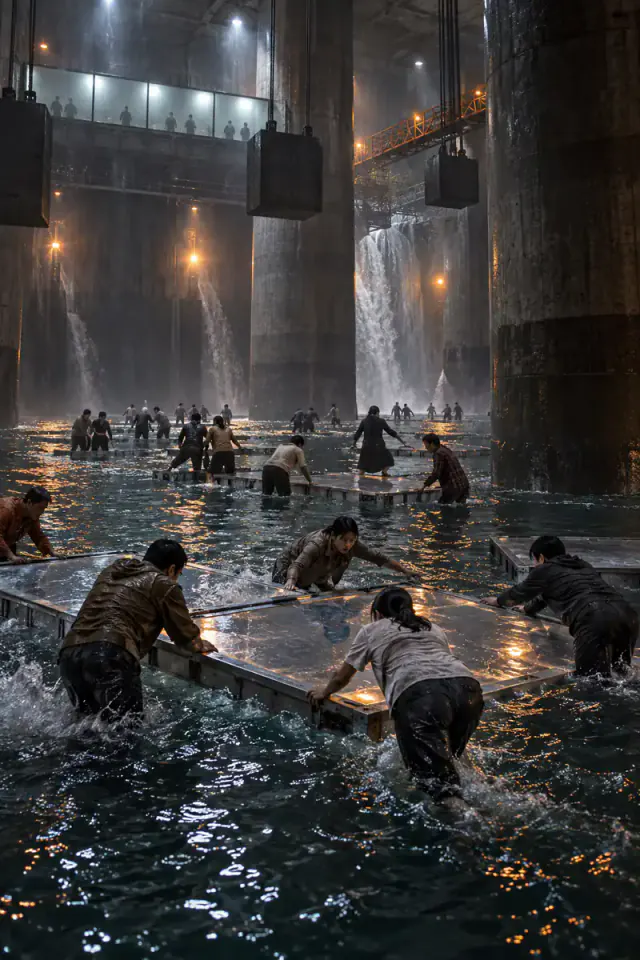 Anonymous adults cooperate across translucent platforms in an original flooded reservoir challenge.