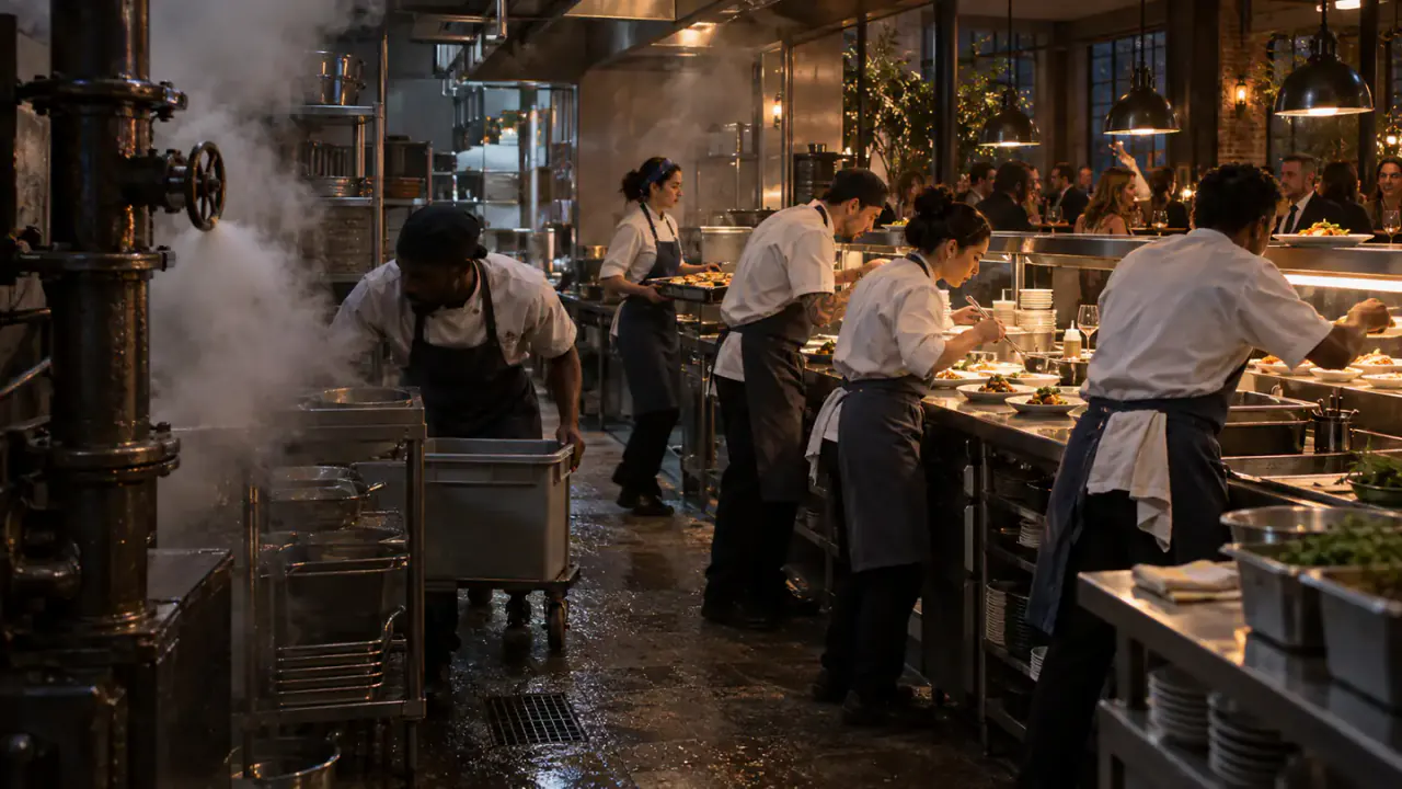A restaurant team balances opening-night service with an urgent steam-line repair in the kitchen.