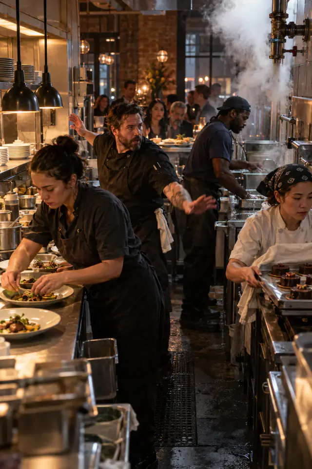 A diverse restaurant crew works together around a burst steam line during a demanding service.