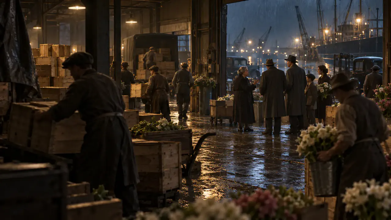 A multigenerational group confers inside a busy rain-lit 1940s waterfront flower and produce warehouse