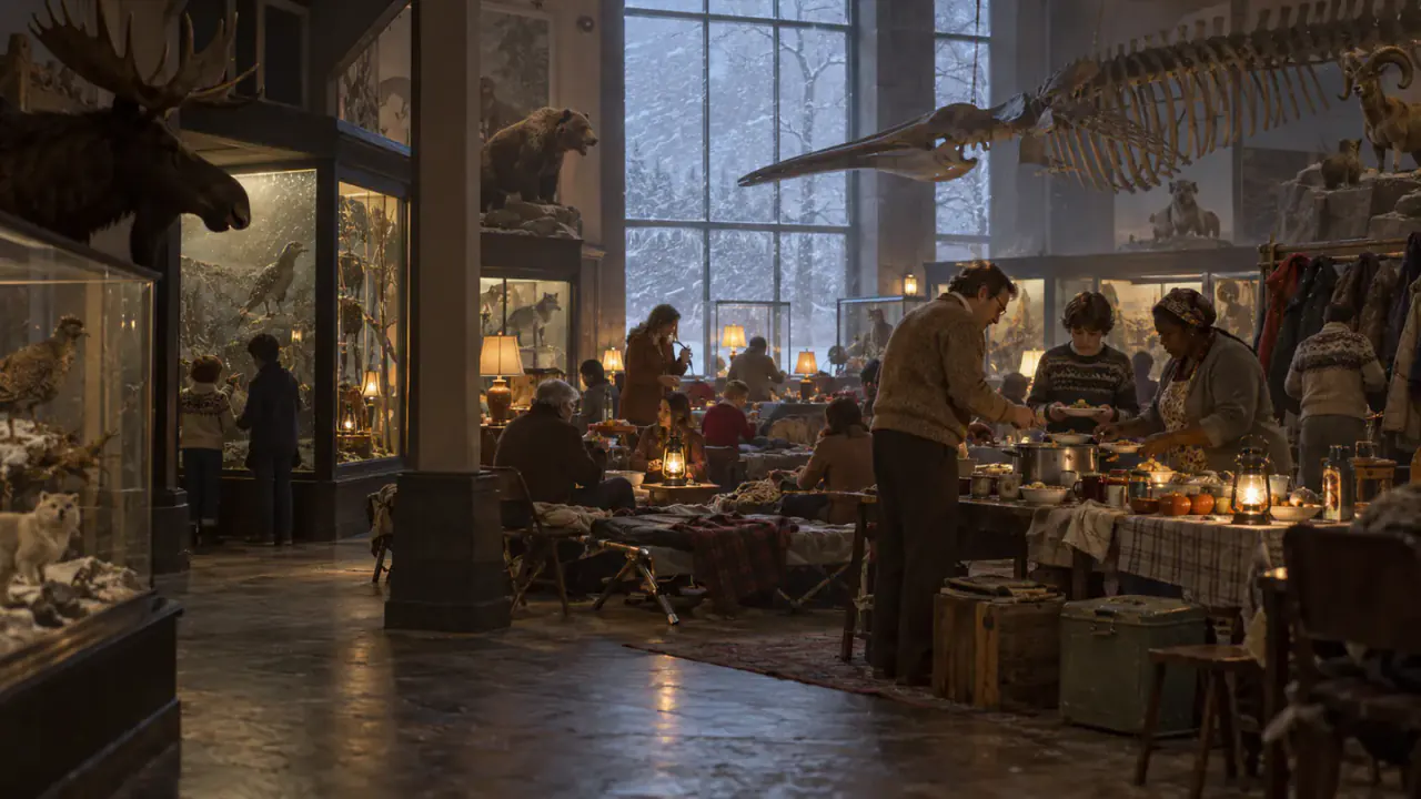 Stranded museum staff and visitors share a makeshift meal beneath a whale skeleton during a blizzard.