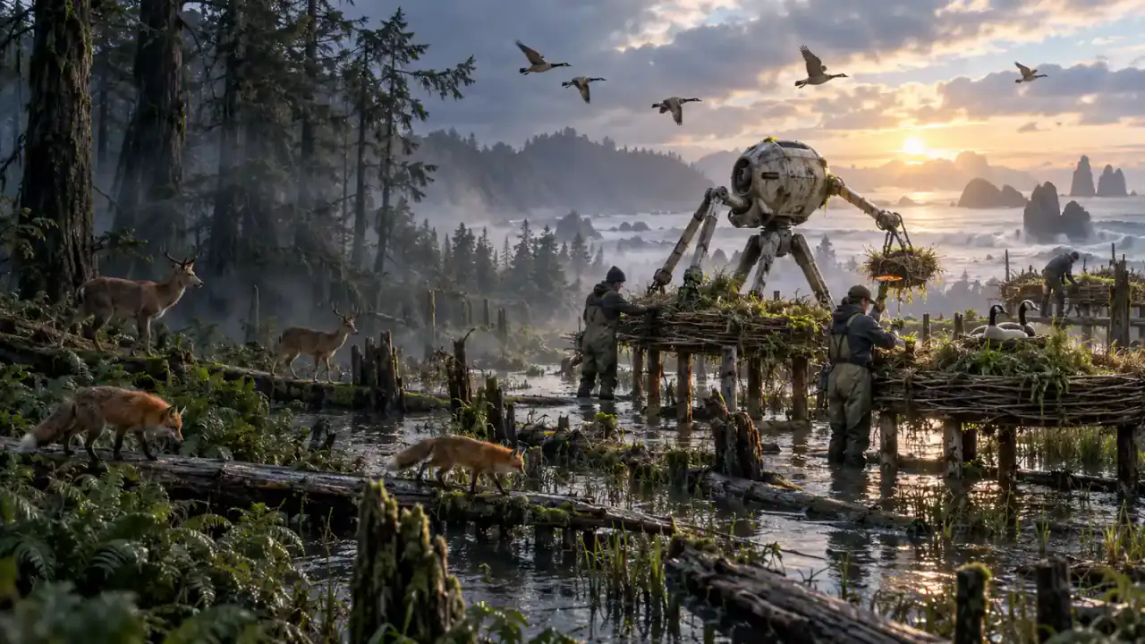 An original tripod rescue machine helps rehabilitators restore a flooded coastal forest.