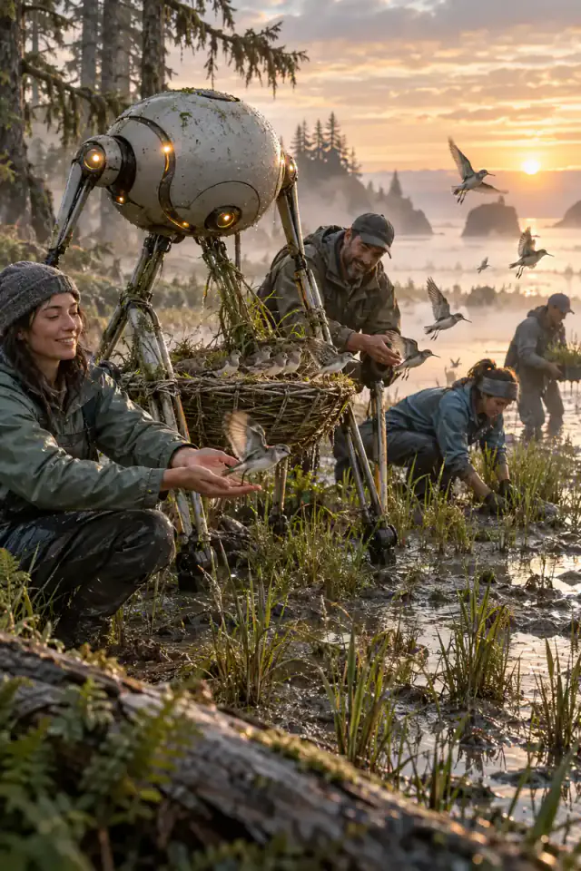Wildlife rehabilitators and an original spherical three-legged rescue machine release shorebirds in restored wetlands.